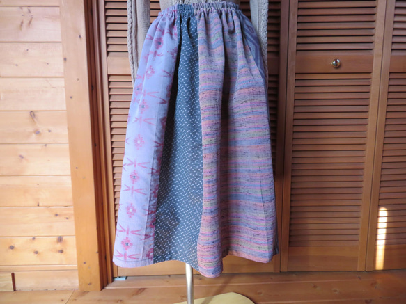 紫系　ウールの着物をパッチしたギャザースカート　着物リメイク　訳あり価格 1枚目の画像