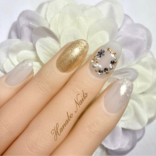 キラキラパーツのクリスマスリースネイル-beige gold-◇ネイル