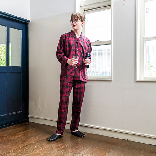 30％OFF】日本製 メンズ ツイルチェック ワインレッド ショールカラー