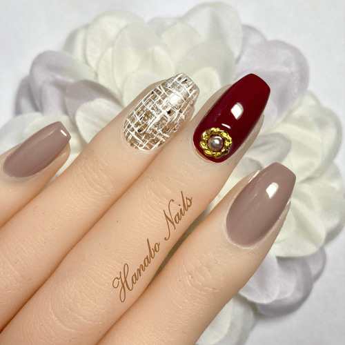 ネイルチップオーダー ワインレッド赤ピンクホワイトパール春ゴールド