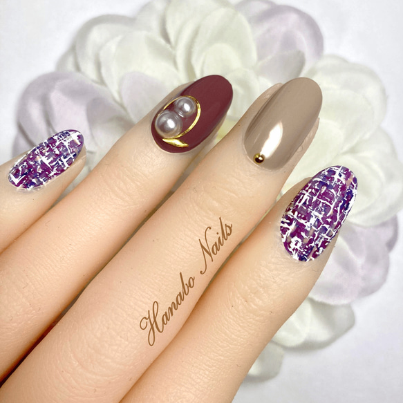 No.78]ツイード/パープル/紫/ピンク/パール/冬/ネイルチップ/つけ爪  