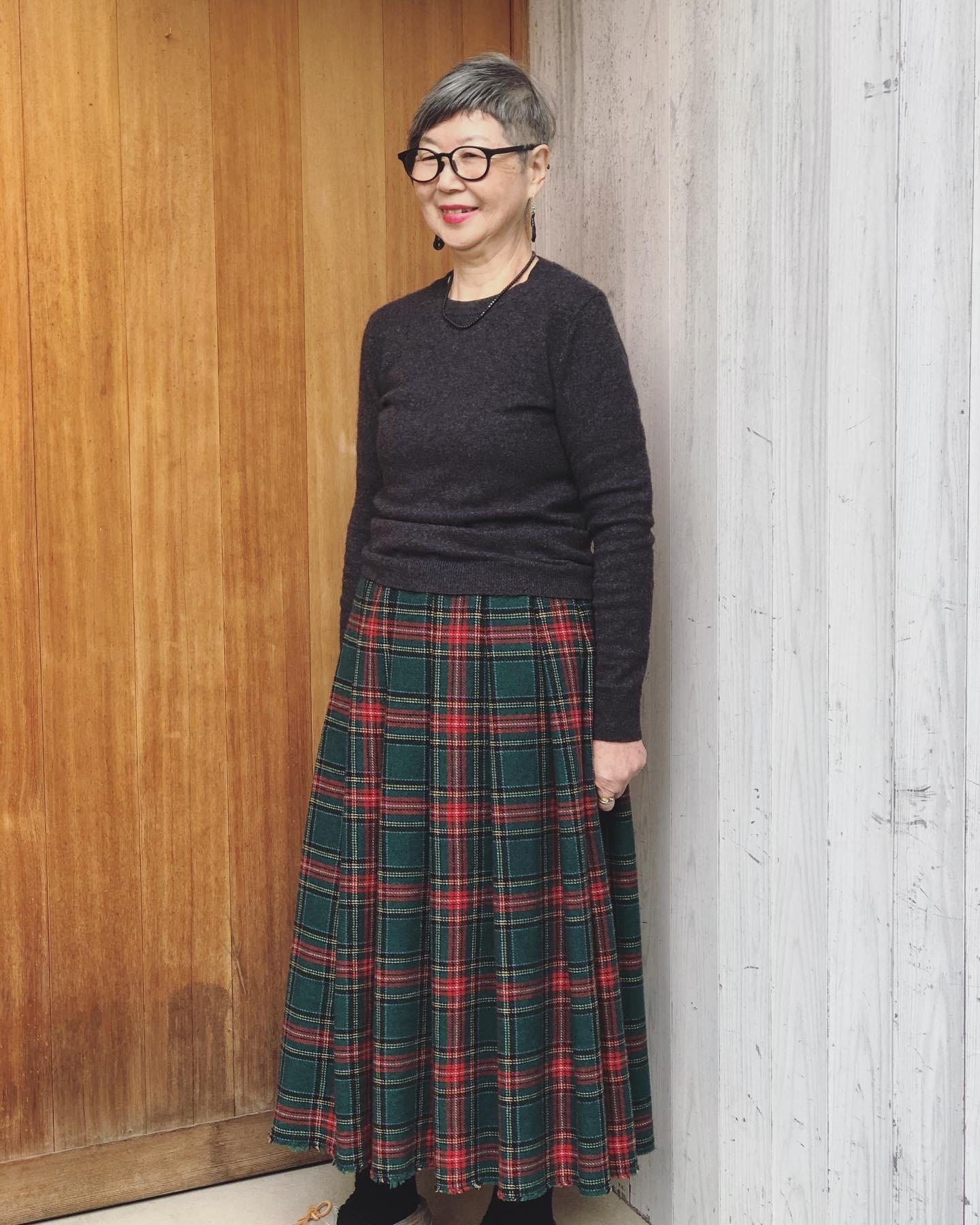 prit 麻100%茶✖️緑チェックロングスカート