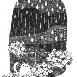 ペン画「雨と6月の紫陽花とネコ」 1枚目の画像
