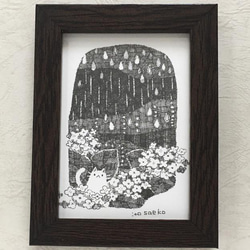 ペン画「雨と6月の紫陽花とネコ」 2枚目の画像