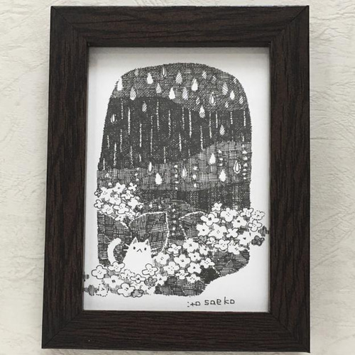 ペン画「雨と6月の紫陽花とネコ」 絵画 伊藤彩恵子 通販 13103041