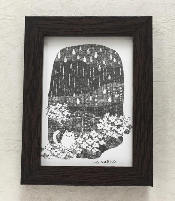 ペン画「雨と6月の紫陽花とネコ」 2枚目の画像