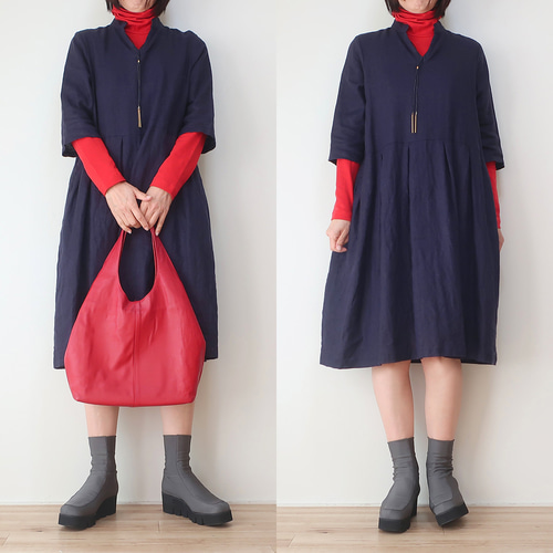 レディース ワンピース スタンドカラー チュニック c2612 着丈も選べる❣️スタンドカラーチュニックワンピース（全3色
