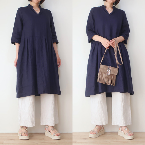 レディース ワンピース スタンドカラー チュニック c2612 着丈も選べる❣️スタンドカラーチュニックワンピース（全3色