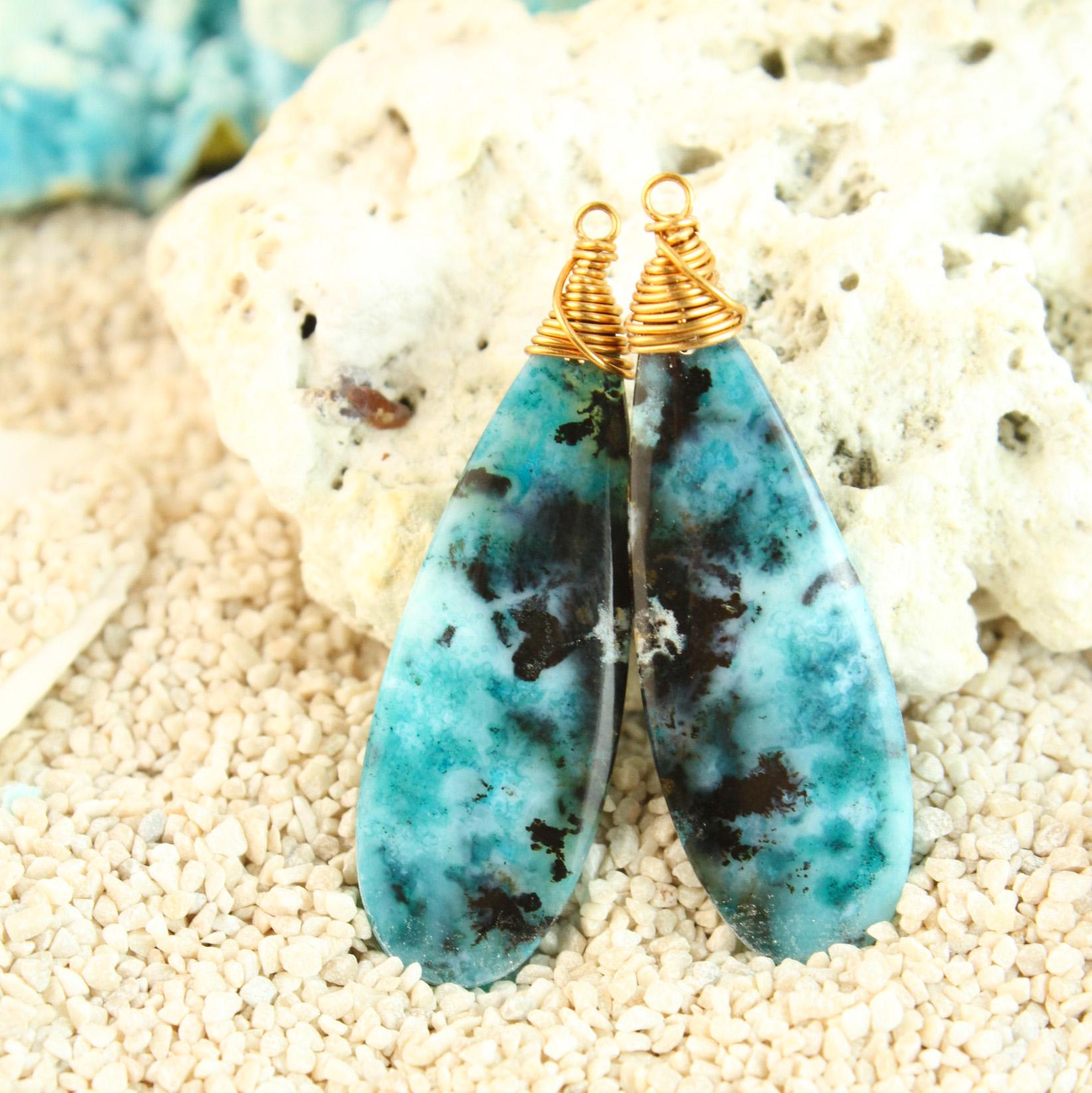 （F）極上品質31ｍｍ ブルーオパライズド・ウッド ルース 耳飾り