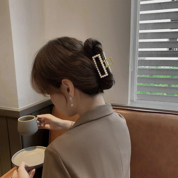 韓国ファッション　スクエア　小粒パール　ヘアアクセサリー　-7048 4枚目の画像