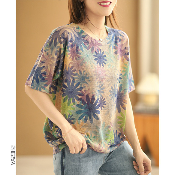 紫陽花 リネン51％ 綿50% サマーニットTシャツ 夏用ニット アーガイル柄 ノルディック柄 ニットセーター Tシャツ 3枚目の画像
