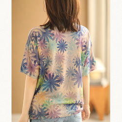 紫陽花 リネン51％ 綿50% サマーニットTシャツ 夏用ニット アーガイル柄 ノルディック柄 ニットセーター Tシャツ 14枚目の画像