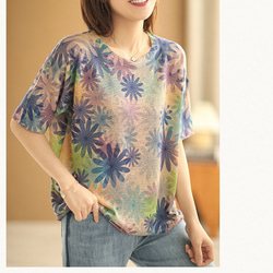紫陽花 リネン51％ 綿50% サマーニットTシャツ 夏用ニット アーガイル柄 ノルディック柄 ニットセーター Tシャツ 5枚目の画像
