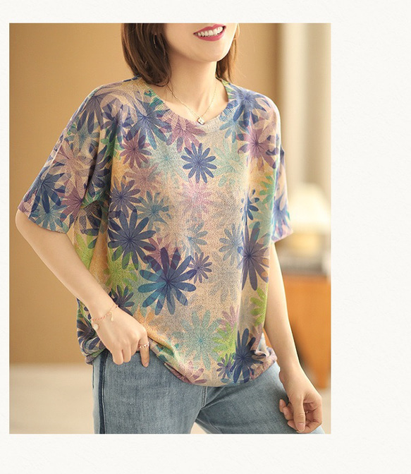 紫陽花 リネン51％ 綿50% サマーニットTシャツ 夏用ニット アーガイル柄 ノルディック柄 ニットセーター Tシャツ 5枚目の画像