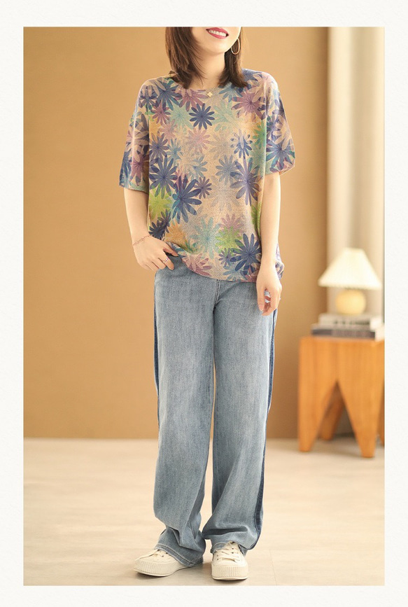 紫陽花 リネン51％ 綿50% サマーニットTシャツ 夏用ニット アーガイル柄 ノルディック柄 ニットセーター Tシャツ 8枚目の画像