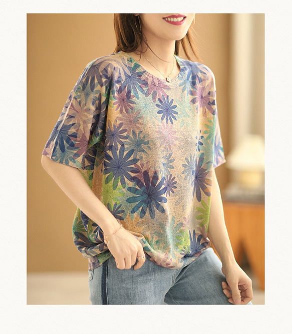 紫陽花 リネン51％ 綿50% サマーニットTシャツ 夏用ニット アーガイル柄 ノルディック柄 ニットセーター Tシャツ 7枚目の画像