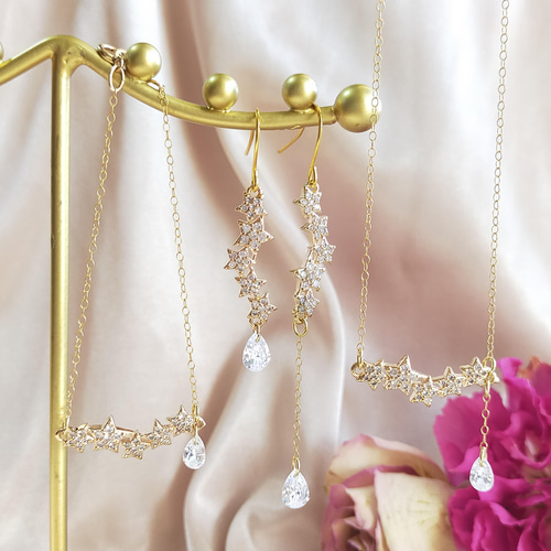 遺品整理 K14GF アクセサリー ネックレス ピアス イヤリング ブローチ 星屑降る夜〜【k14gf ジュエリー3点セット】ネックレス イヤリング 雪