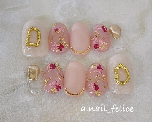 ♡シアーピンクの押し花ネイル♡ ネイルチップ（つけ爪） a