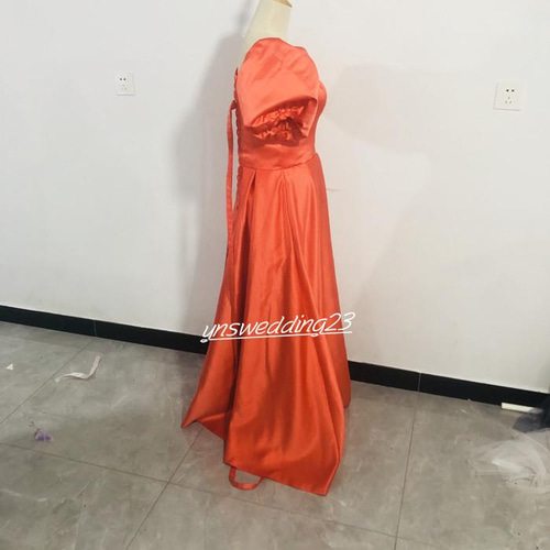 高品質！ パーティードレス トレンドのオレンジ ロング パフスリーブ  