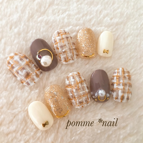 お色変更無料 ツイード 淡水パール ジェルネイルチップ ネイルチップ  