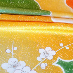 【正絹　洗い済】橙・黄・緑・水色の雲紋と吉祥柄の梅の振袖生地B　約37.5×約148ｃｍ 2枚目の画像