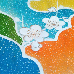 【正絹　洗い済】橙・黄・緑・水色の雲紋と吉祥柄の梅の振袖生地B　約37.5×約148ｃｍ 3枚目の画像