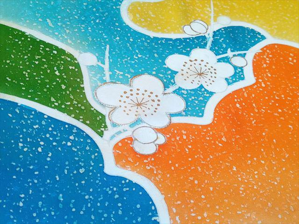 【正絹　洗い済】橙・黄・緑・水色の雲紋と吉祥柄の梅の振袖生地B　約37.5×約148ｃｍ 3枚目の画像