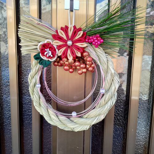 つまみ細工 しめ縄飾り 正月用 水引 ピンク色とビーズ しめ縄