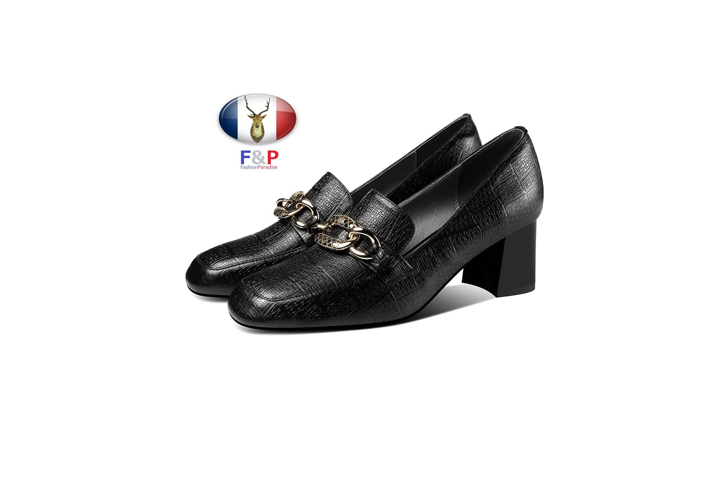 ラウンドトゥエンボスハラコレザーメタリックビット付きシューズパンプス全2色子牛革靴