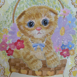トールペイントハンドメイド☆スコティッシュフォールド 黄色花籠 猫ペット絵 表札看板プレゼントに！うちの子オーダー受付 2枚目の画像