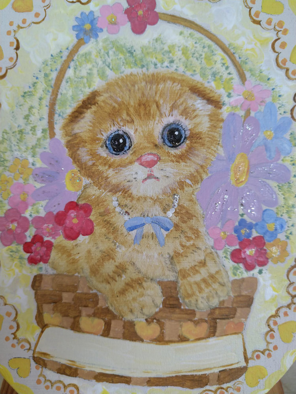 トールペイントハンドメイド☆スコティッシュフォールド 黄色花籠 猫ペット絵 表札看板プレゼントに！うちの子オーダー受付 2枚目の画像