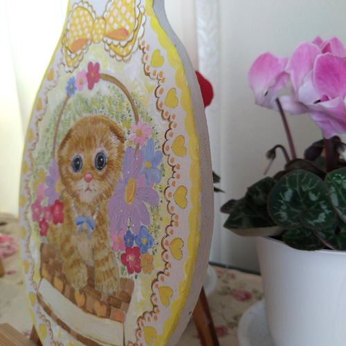 トールペイントハンドメイド☆スコティッシュフォールド 黄色花