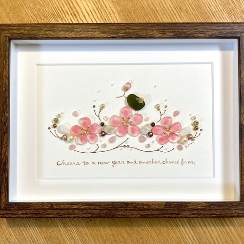 桜とウグイスシーグラス／天然石／フレームアート／壁掛け／原画