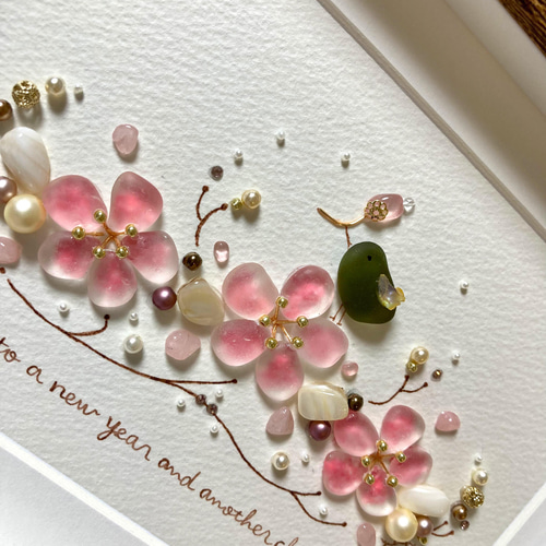 桜とウグイスシーグラス／天然石／フレームアート／壁掛け／原画