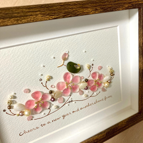 桜とウグイスシーグラス／天然石／フレームアート／壁掛け／原画