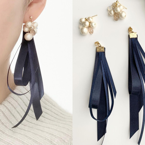 ハンドメイド　コットンパール　リボン　イヤリング コットンパールとサテンリボンキャッチのピアス、イヤリング ピアス