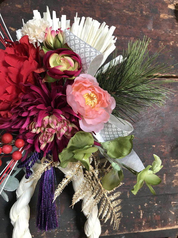 【お任せデザイン】紅白の瓢箪型お正月しめ縄飾り//祭 5枚目の画像