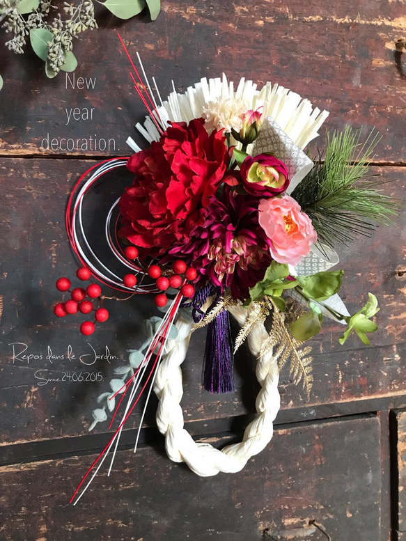 【お任せデザイン】紅白の瓢箪型お正月しめ縄飾り//祭 3枚目の画像