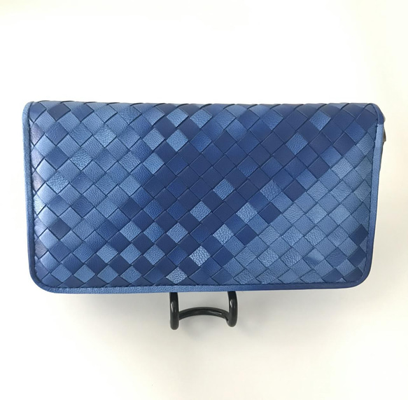 都内で 限定商品 ブルー系 希少ラムスキン本革編み込み 長財布 羊革 ハンドメイド