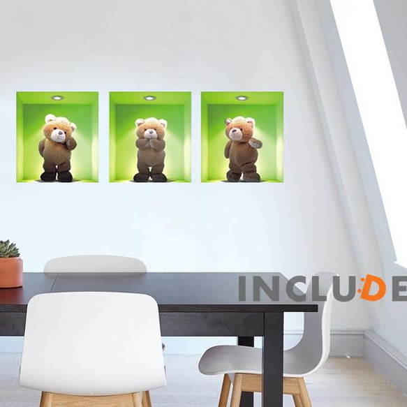 203 ウォールステッカー 窓 3枚窓 ベア テディ くまが踊る ぬいぐるみ