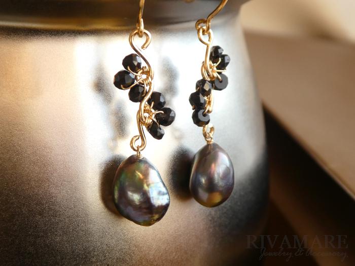 「黒すぐりのアンダンテ」大粒 淡水ブラックパール バロックパール 黒真珠 ブラックオニキス ピアス