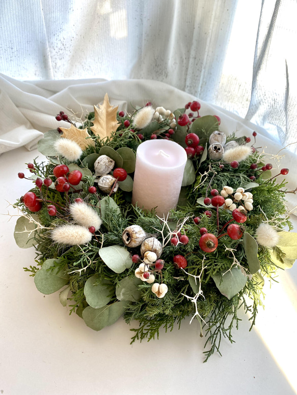 2way☆3種の針葉樹とユーカリポポラスのwinter wreath☆キャンドルリース☆ 4枚目の画像