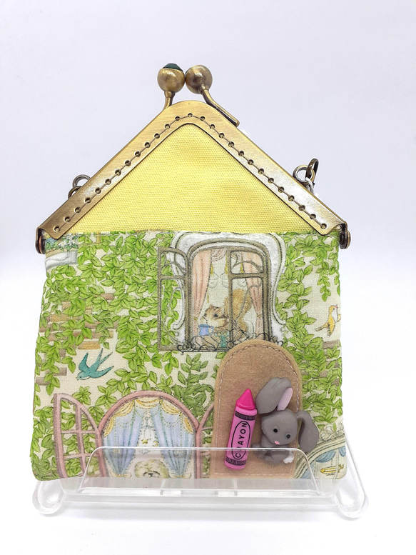 販売済★三角お屋根がま口　森の動物たち　ウサギとクレヨン 2枚目の画像