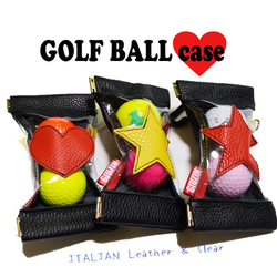 かわいくて機能性抜群ゴルフボールケース｜イタリアンレザー&クリア素材｜バネ口開閉｜ゴルフ女子｜星柄ハート 1枚目の画像