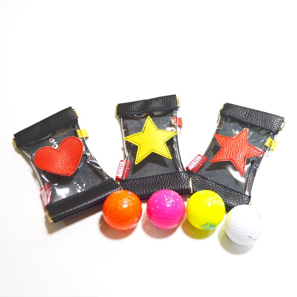 かわいくて機能性抜群ゴルフボールケース｜イタリアンレザー&クリア素材｜バネ口開閉｜ゴルフ女子｜星柄ハート 9枚目の画像