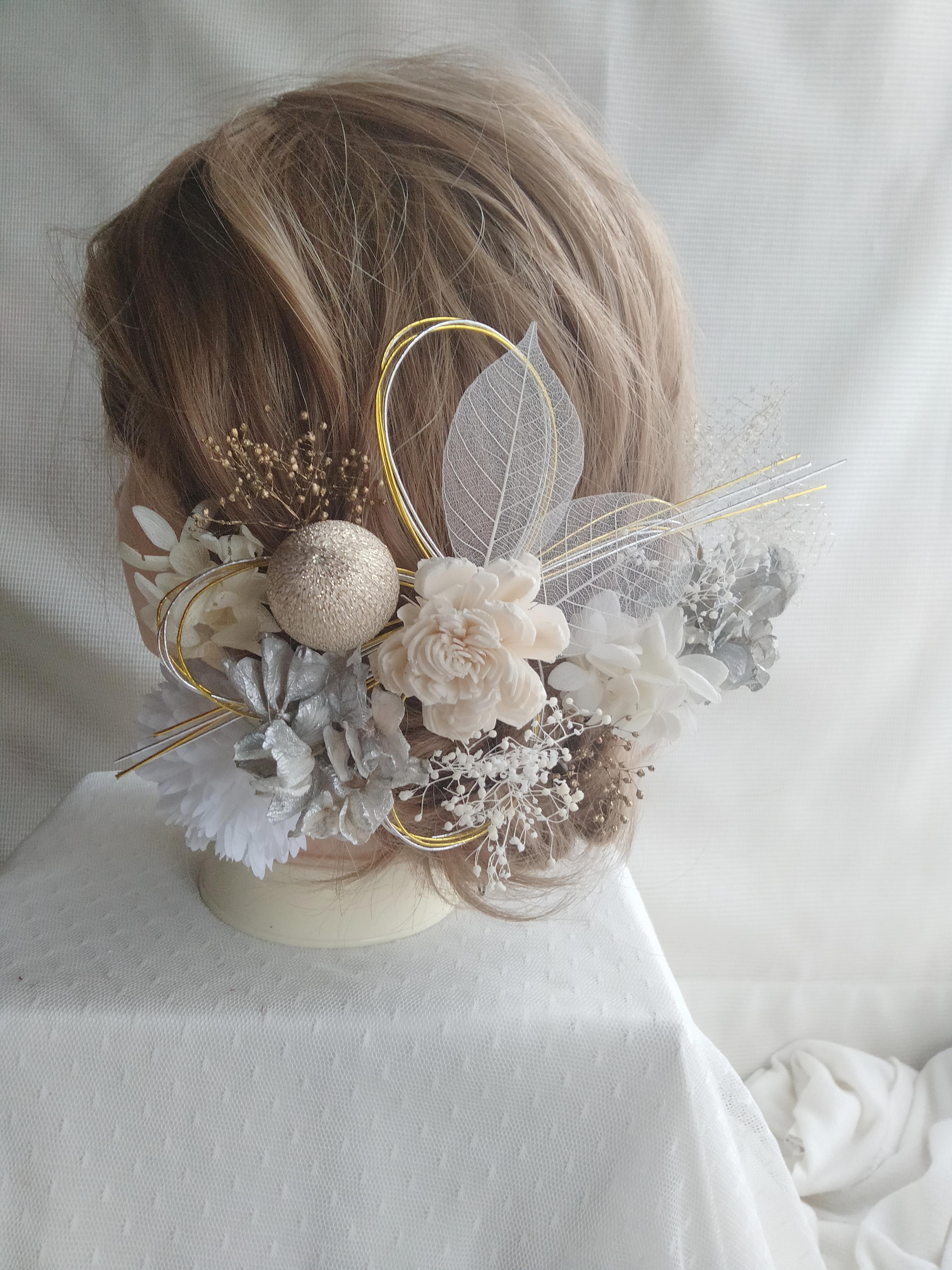 S12-ｍ　ドライフラワー　和玉　水引　和装髪飾り　成人式髪飾り　卒業式　成人式前撮り　振袖　袴　シルバー