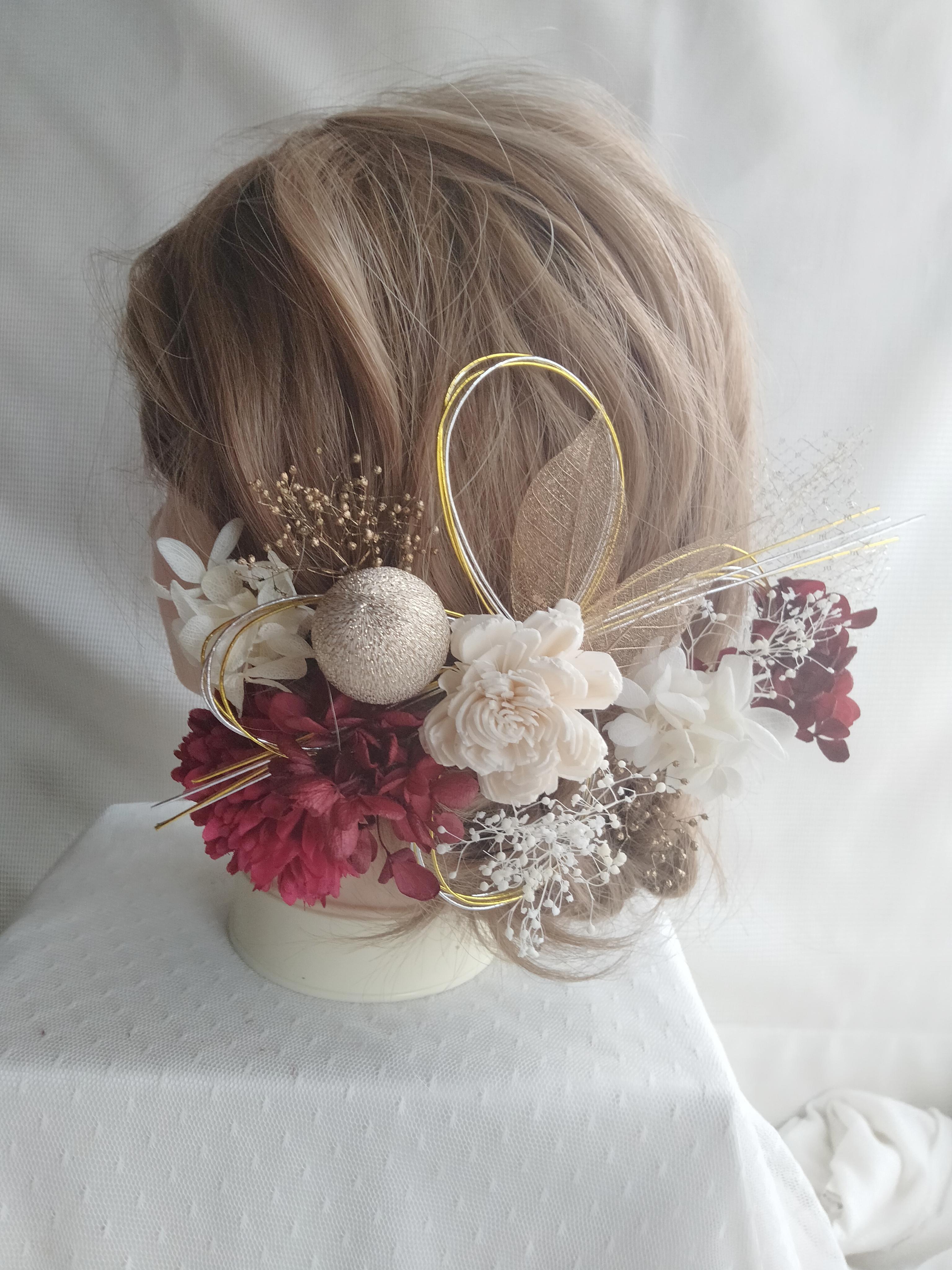 ローズと和玉・水引の卒業式髪飾り　成人式髪飾り　結婚式