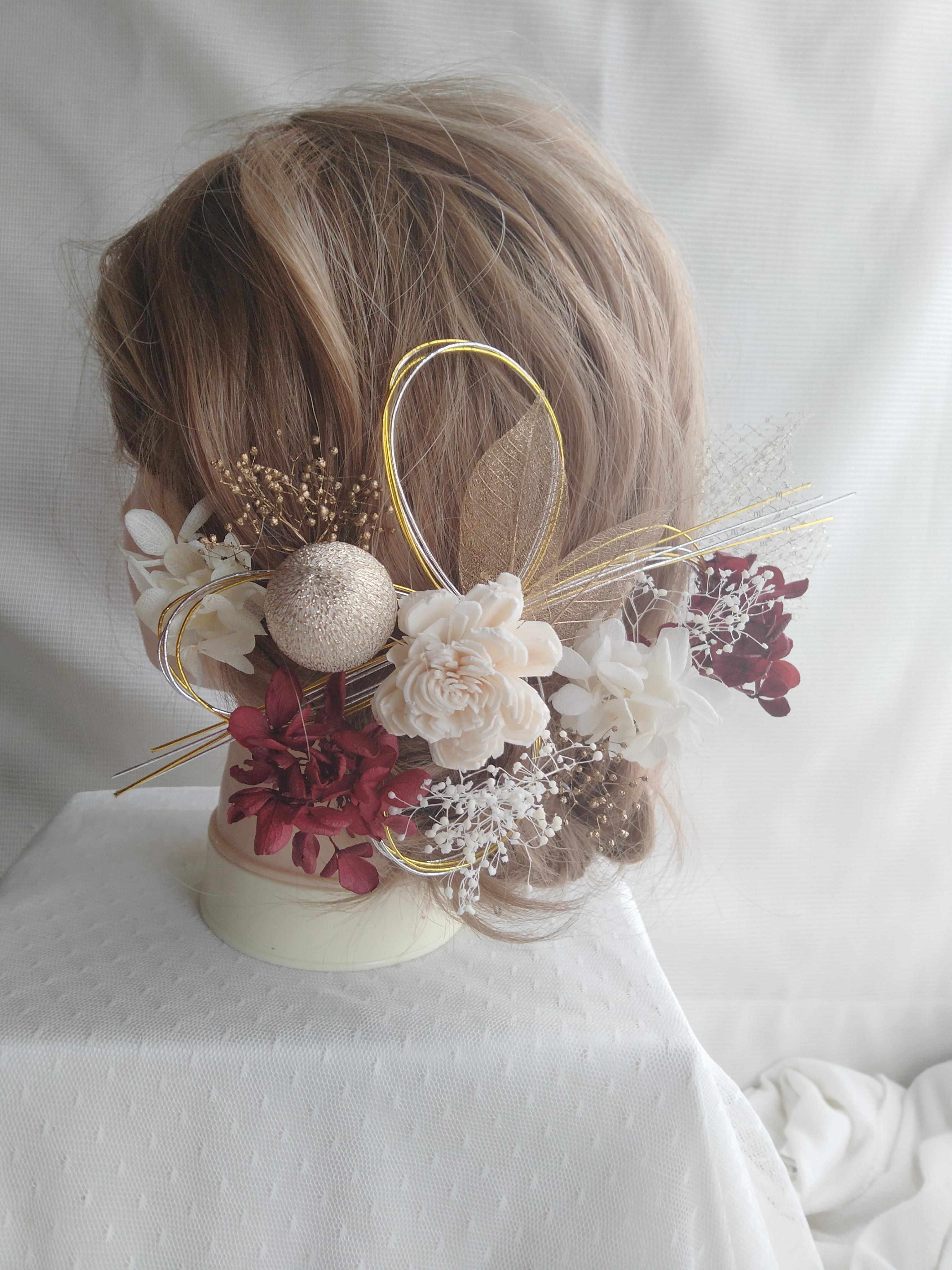 ローズと和玉・水引の卒業式髪飾り　成人式髪飾り　結婚式