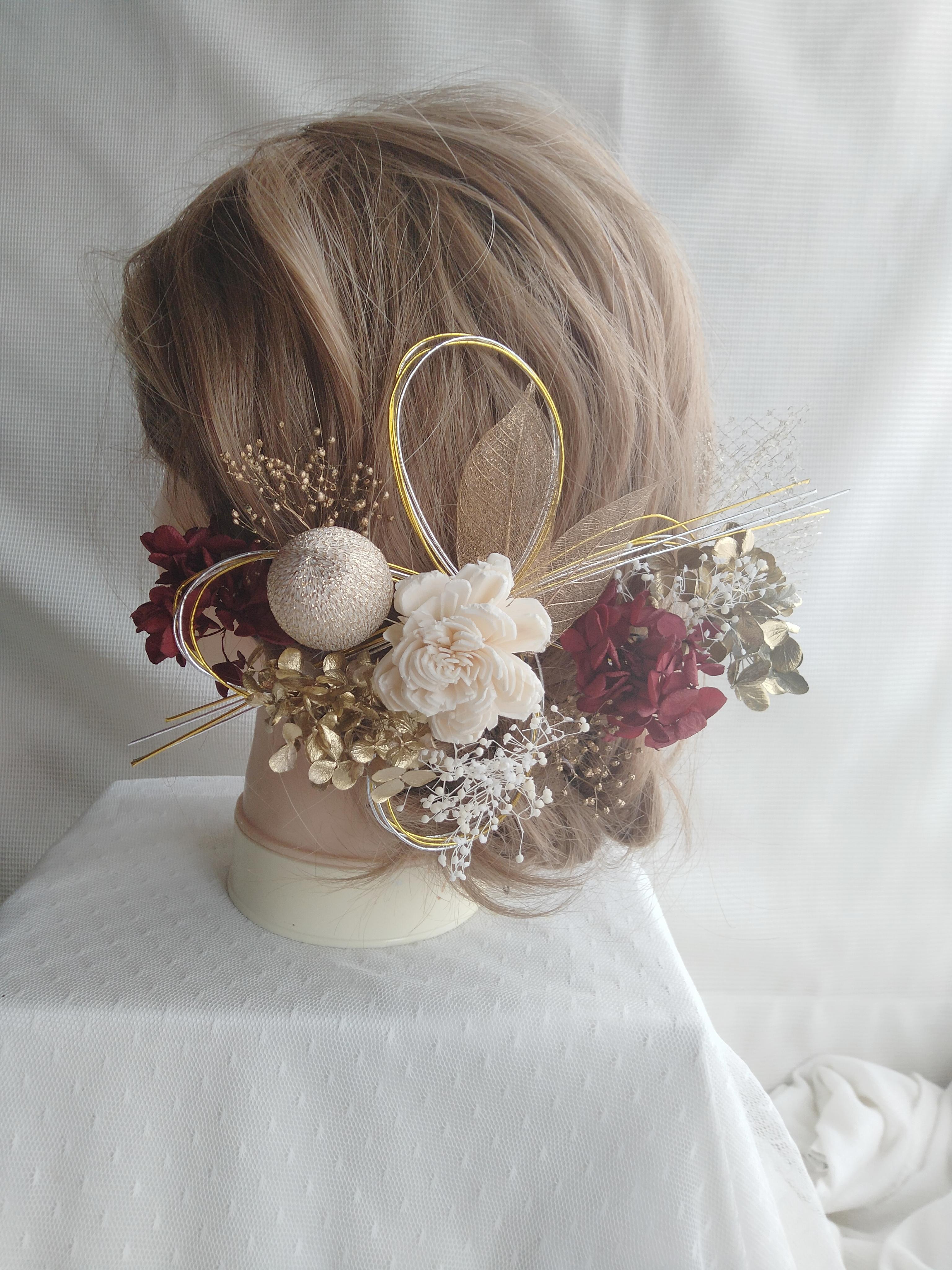 ローズと和玉・水引の卒業式髪飾り　成人式髪飾り　結婚式