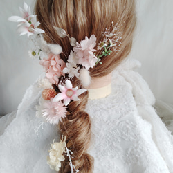 白い小さな小花とピンクのヘッドドレス　プリザーブドフラワー 　ドライフラワー　マーガレット　フランネルフラワー　 5枚目の画像